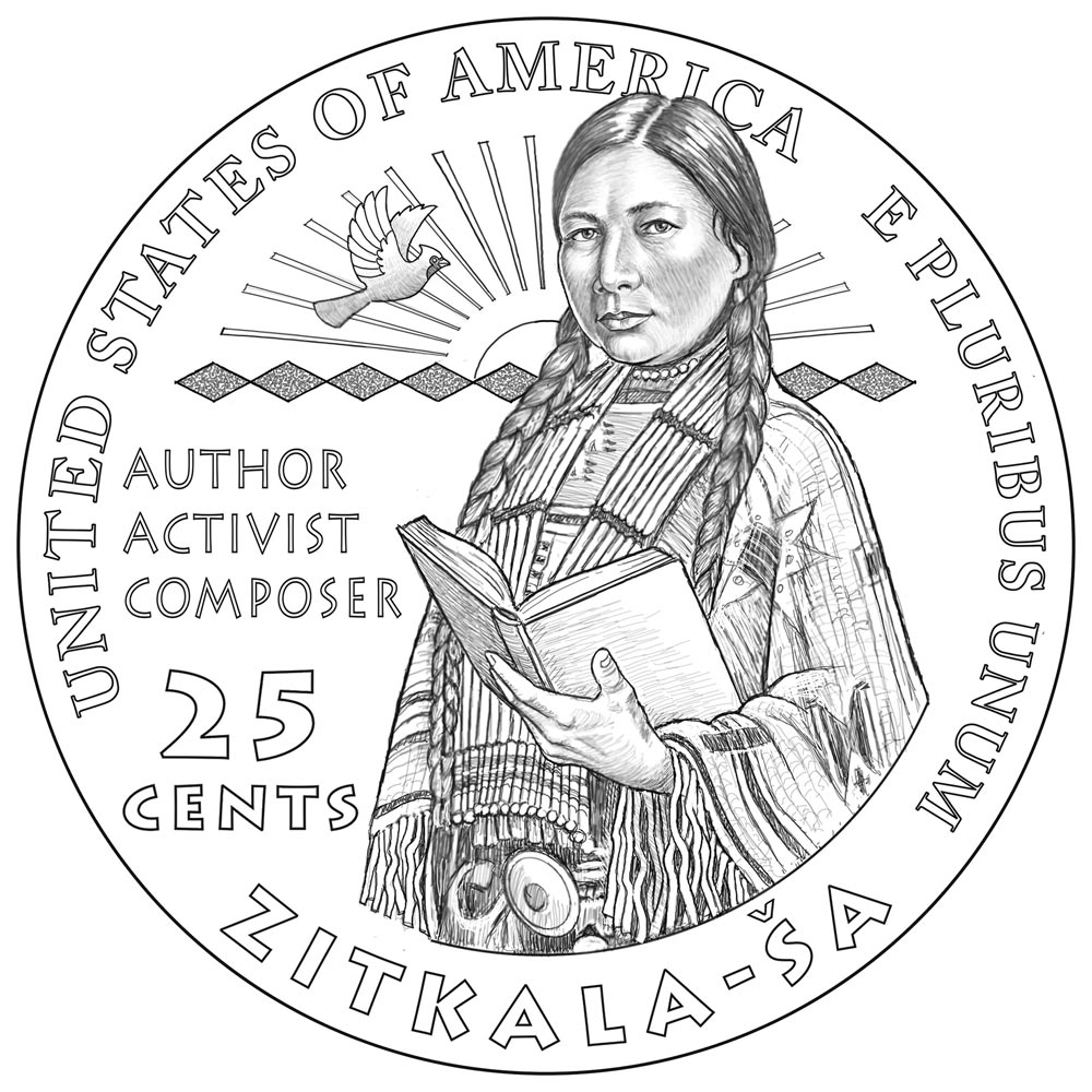 Image of 25 cents coin - Zitkala-Ša | USA 2024.  The Copper–Nickel (CuNi) coin is of Proof, BU, UNC quality.