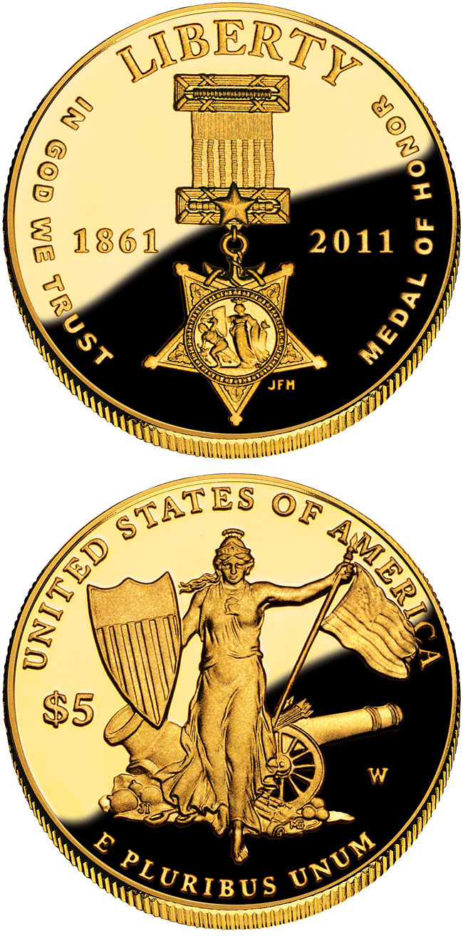 Image of 5 dollars coin - Medal of Honor | USA 2011.  The Gold coin is of Proof, BU quality.