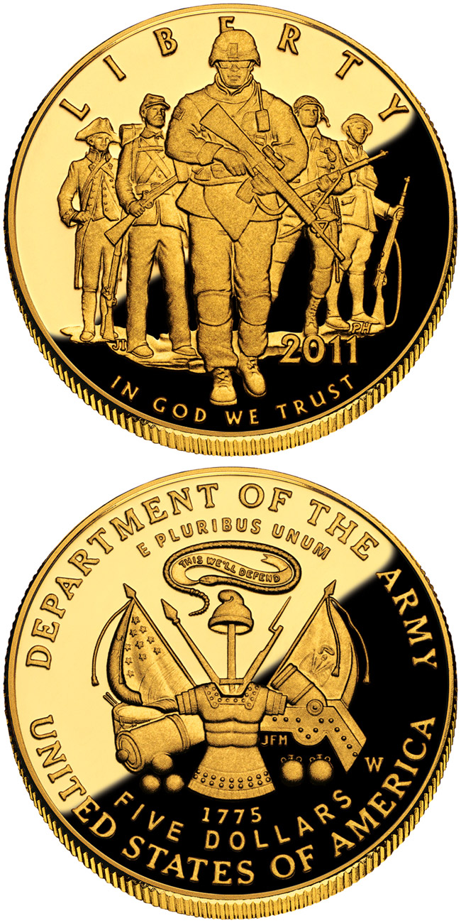 Image of 5 dollars coin - United States Army  | USA 2011.  The Gold coin is of Proof, BU quality.