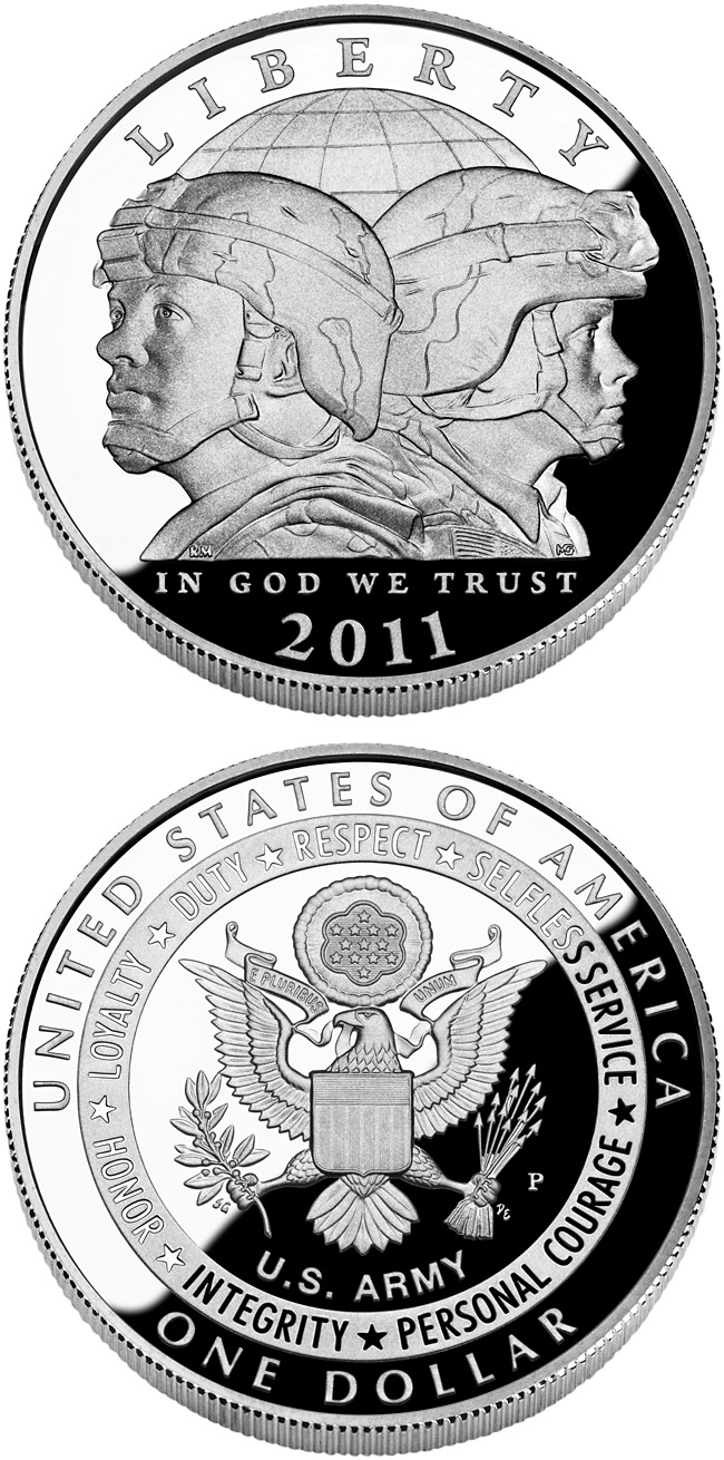 Image of 1 dollar coin - United States Army  | USA 2011.  The Silver coin is of Proof, BU quality.