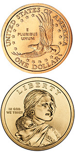 Image of 1 dollar coin - Sacagawea dollar | USA 2000.  The Nordic gold (CuZnAl) coin is of Proof, UNC quality.