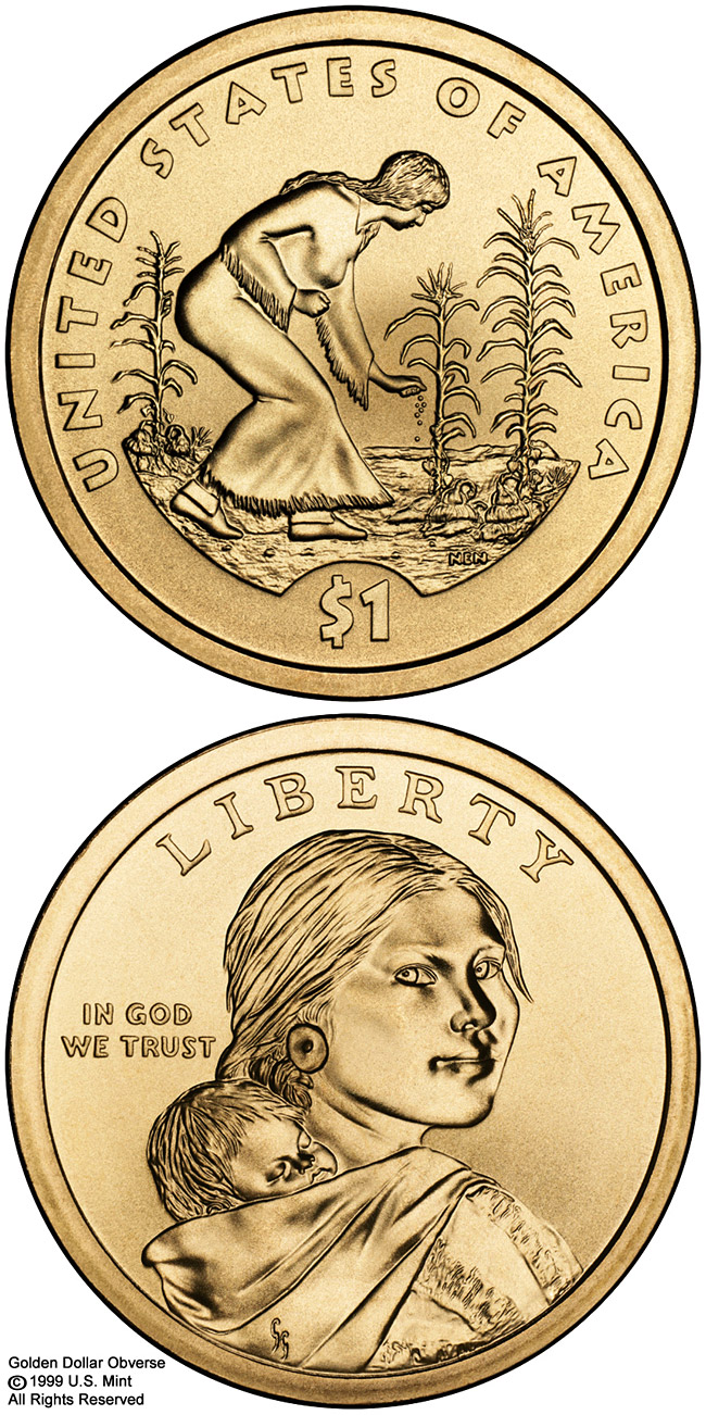 Image of 1 dollar coin - Spread of Three Sisters Agriculture  | USA 2009.  The Nordic gold (CuZnAl) coin is of Proof, UNC quality.