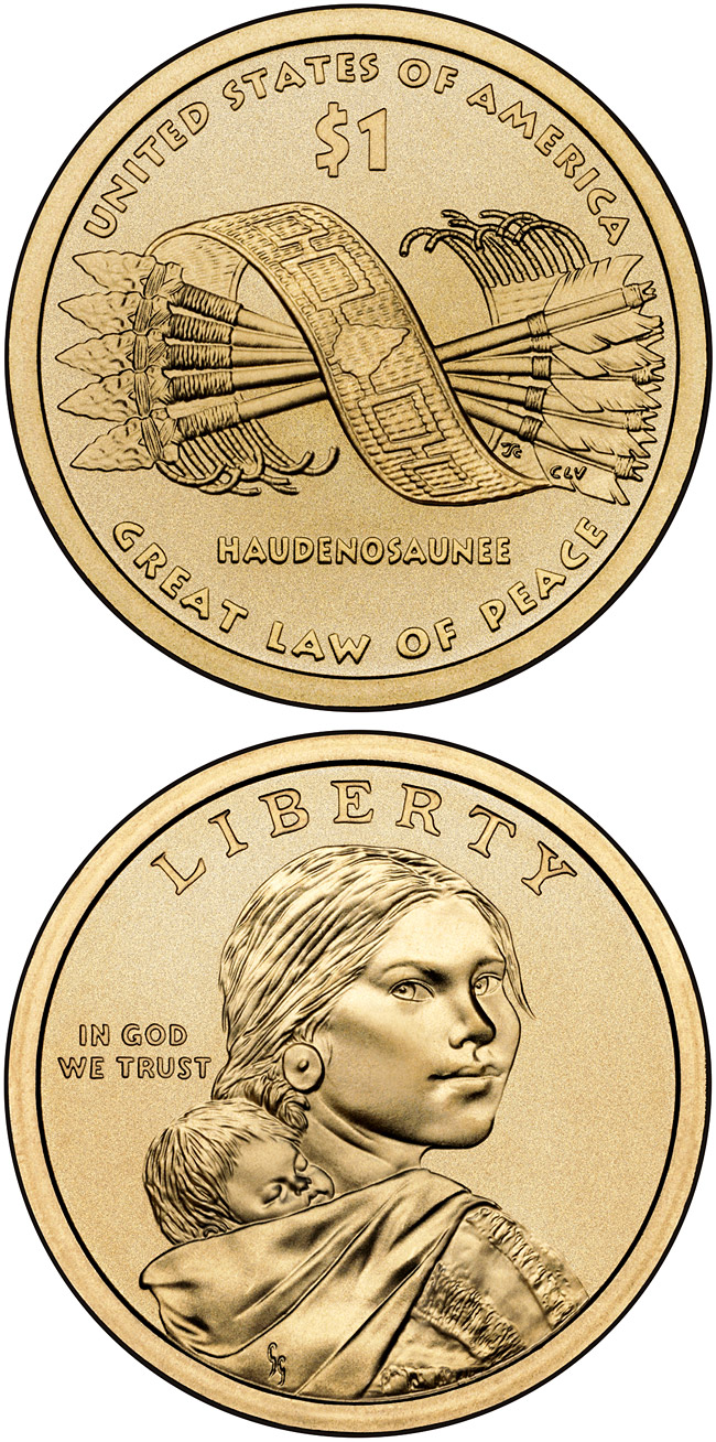 Image of 1 dollar coin - Great Tree of Peace  | USA 2010.  The Nordic gold (CuZnAl) coin is of Proof, UNC quality.