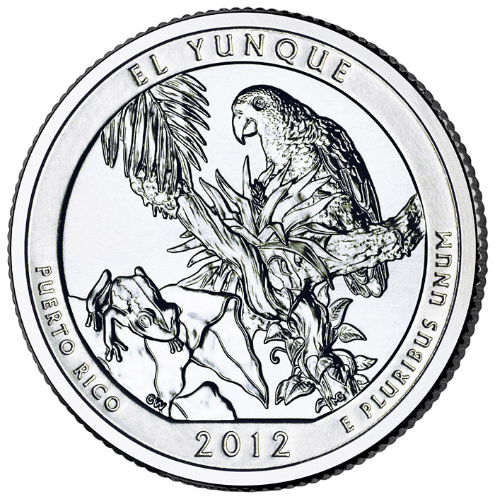 Image of 25 cents coin - El Yunque National Forest  – Puerto Rico | USA 2012.  The Copper–Nickel (CuNi) coin is of Proof, BU, UNC quality.