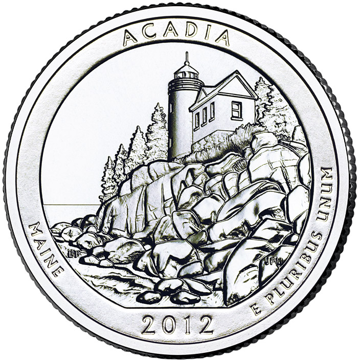 Image of 25 cents coin - Acadia National Park – Maine | USA 2012.  The Copper–Nickel (CuNi) coin is of Proof, BU, UNC quality.