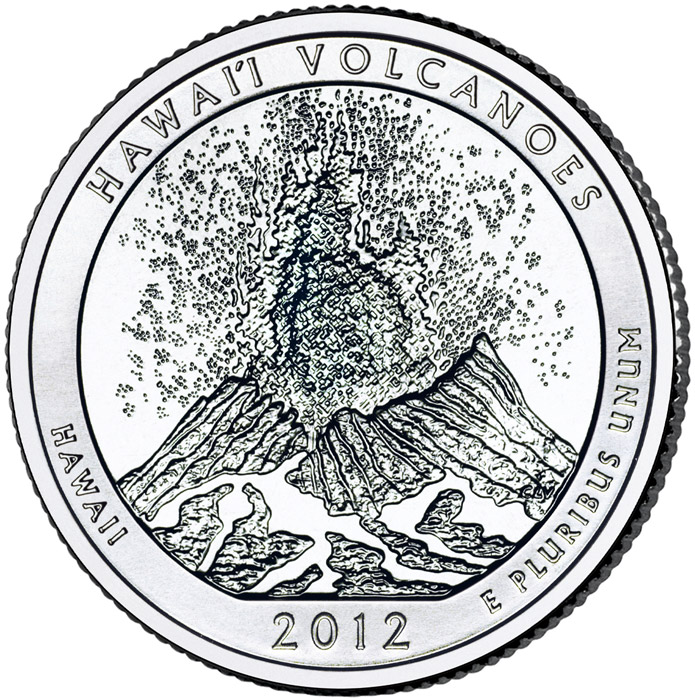 Image of 25 cents coin - Hawaii Volcanoes National Park  – Hawaii | USA 2012.  The Copper–Nickel (CuNi) coin is of Proof, BU, UNC quality.