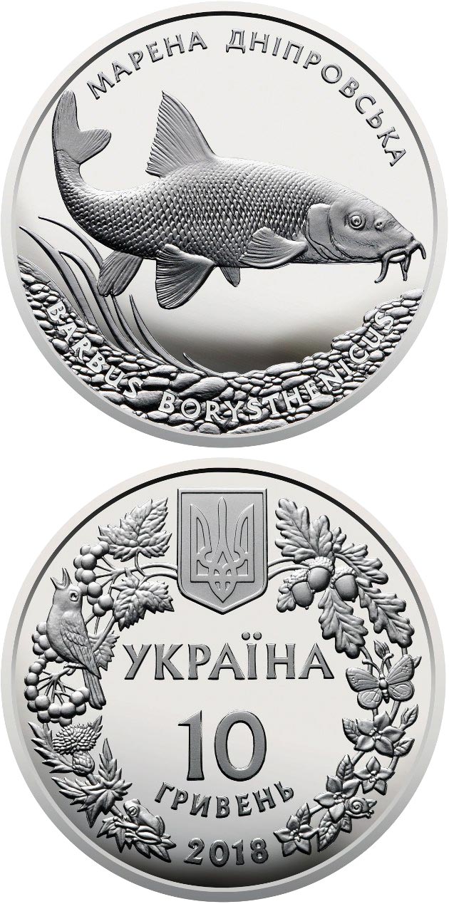 Image of 10 hryvnia  coin - The Dnieper Barbel | Ukraine 2018.  The Silver coin is of Proof quality.