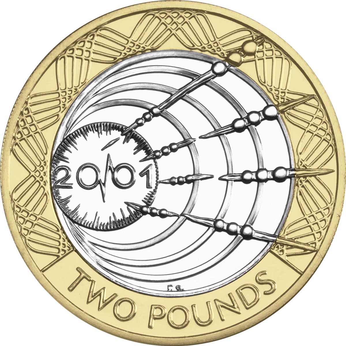 Image of 2 pounds coin - Transatlantic radio centenary | United Kingdom 2001.  The Bimetal: CuNi, nordic gold coin is of Proof, BU, UNC quality.