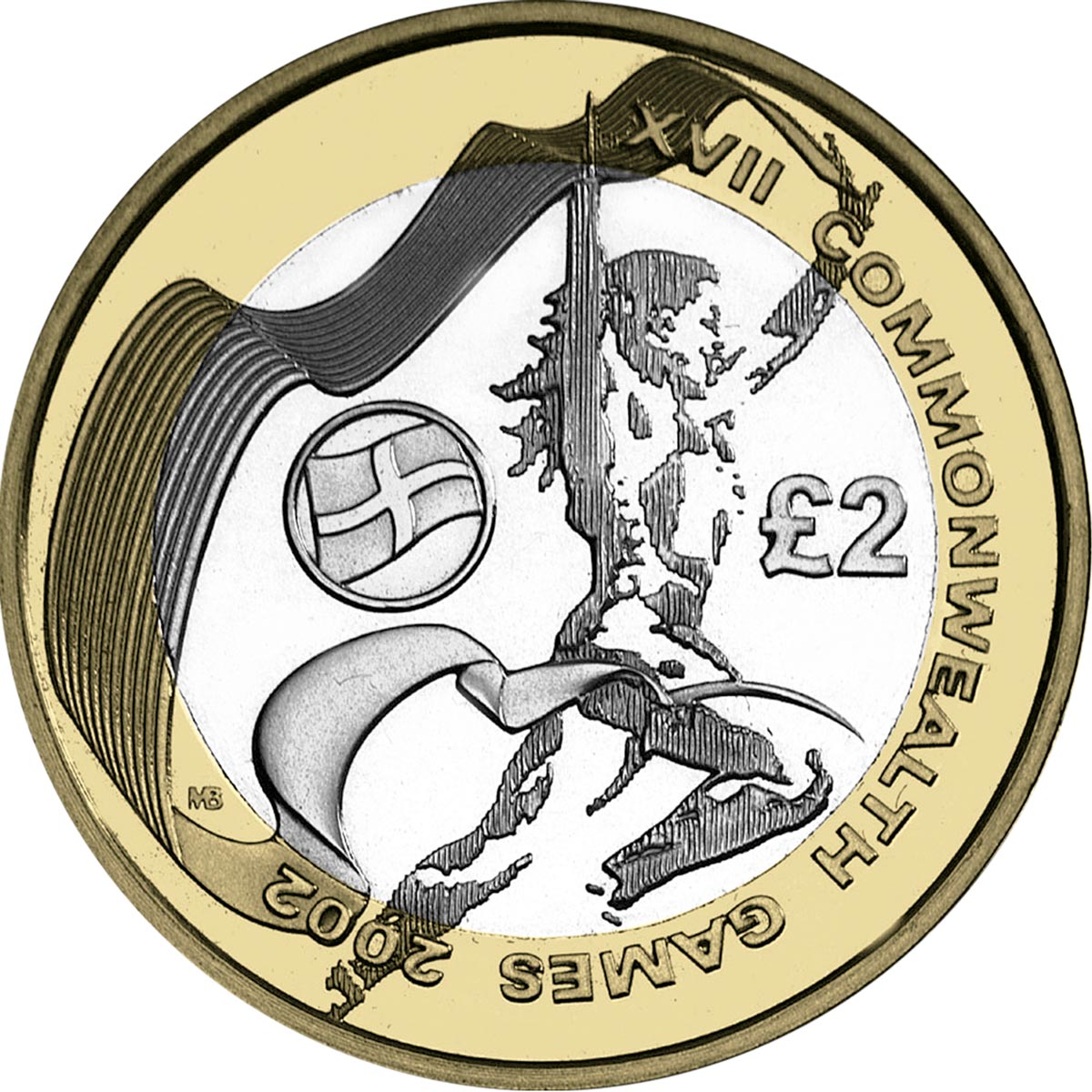 Image of 2 pounds coin - Commonwealth Games, Manchester (English issue) | United Kingdom 2002.  The Bimetal: CuNi, nordic gold coin is of Proof, BU, UNC quality.
