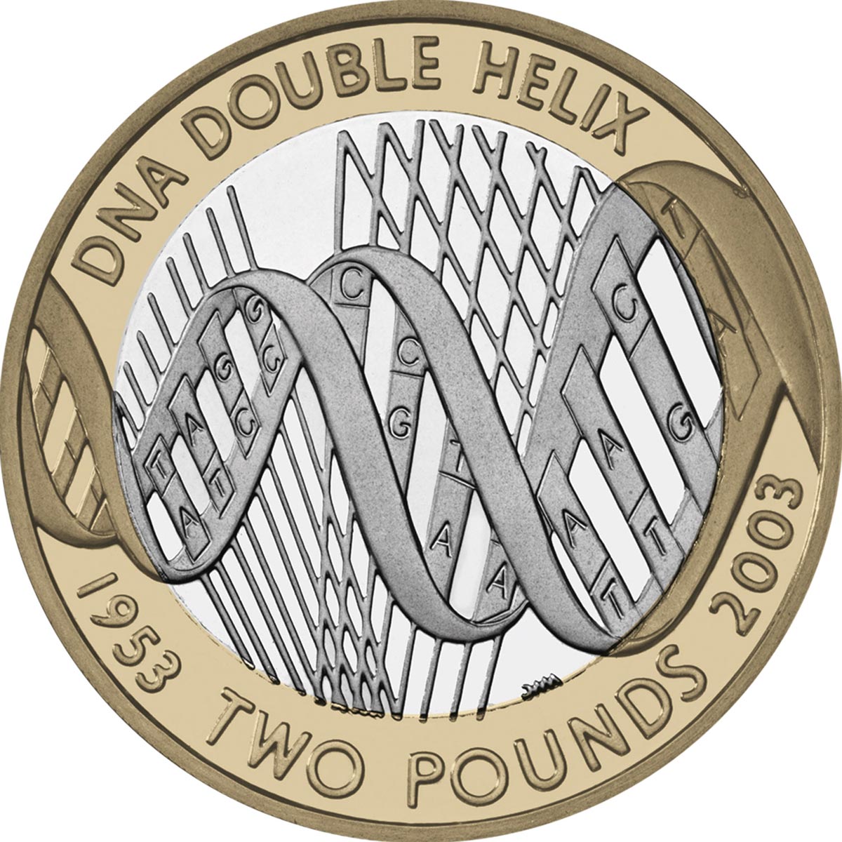 Image of 2 pounds coin - 50th anniversary of the discovery of the structure of DNA | United Kingdom 2003.  The Bimetal: CuNi, nordic gold coin is of Proof, BU, UNC quality.