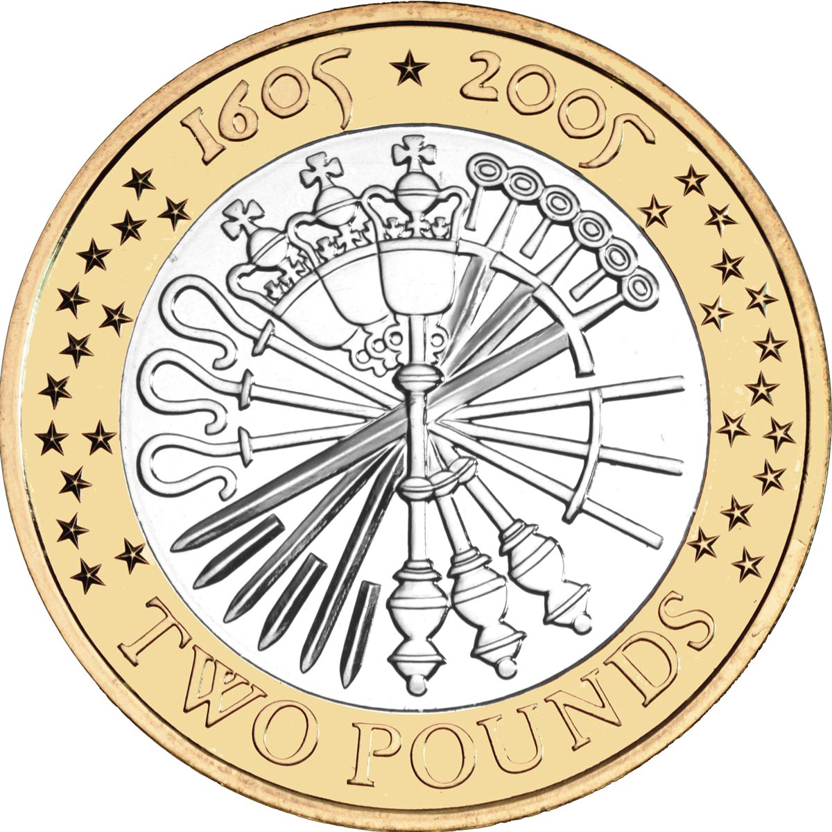Image of 2 pounds coin - 400th anniversary of the Gunpowder Plot | United Kingdom 2005.  The Bimetal: CuNi, nordic gold coin is of Proof, BU, UNC quality.