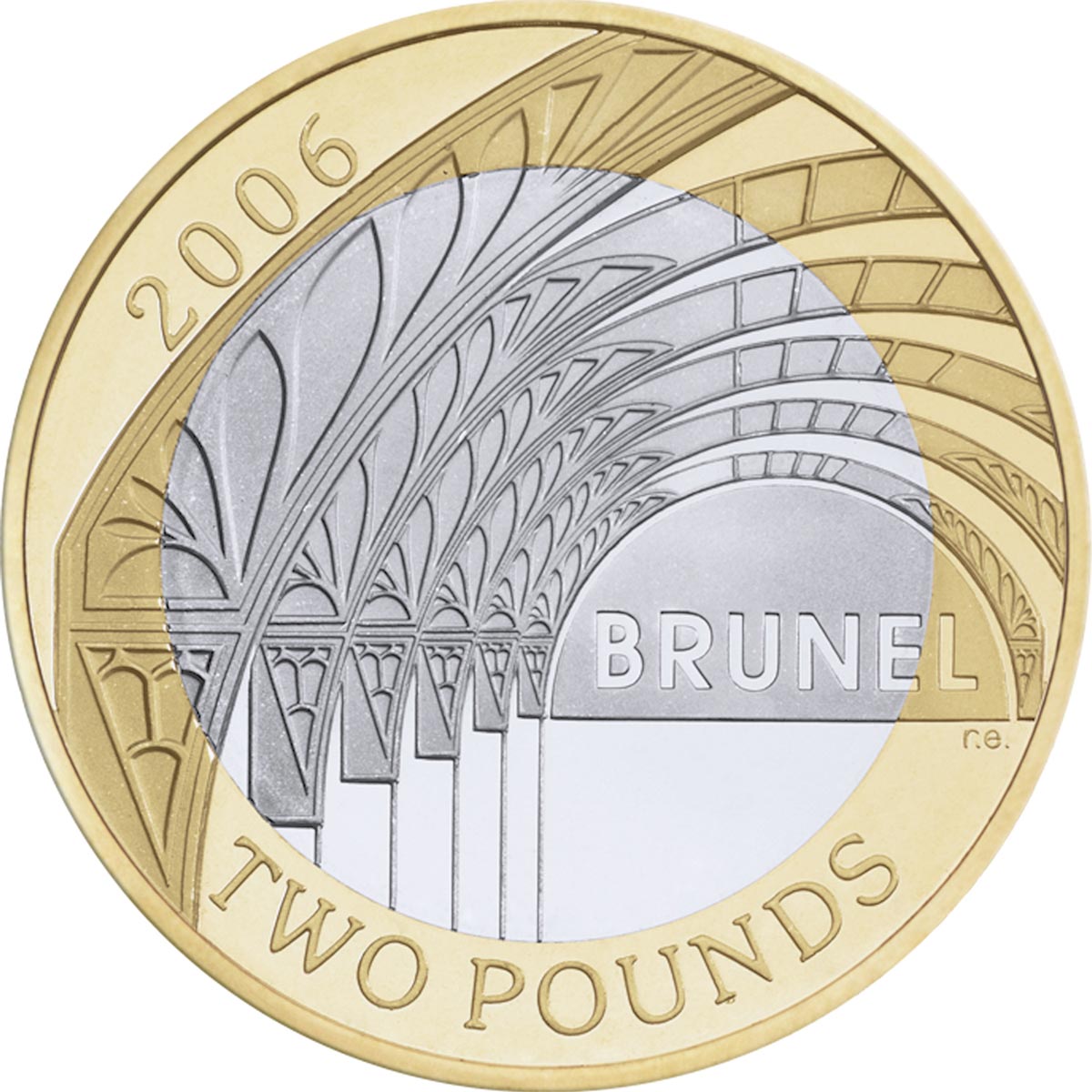 Image of 2 pounds coin - Bicentenary of the birth of Isambard Kingdom Brunel - Paddington Station | United Kingdom 2006.  The Bimetal: CuNi, nordic gold coin is of Proof, BU, UNC quality.
