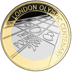 Image of 2 pounds coin - 100th anniversary of the 1908 London Summer Olympics | United Kingdom 2008.  The Bimetal: CuNi, nordic gold coin is of Proof, BU, UNC quality.