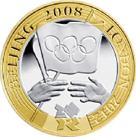 Image of 2 pounds coin - London 2012 Olympiad Handover | United Kingdom 2008.  The Bimetal: CuNi, nordic gold coin is of Proof, BU, UNC quality.
