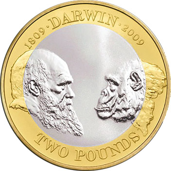 Image of 2 pounds coin - 200th anniversary of the birth of Charles Darwin and the 150th anniversary of publication of The Origin of Species | United Kingdom 2009.  The Bimetal: CuNi, nordic gold coin is of Proof, BU, UNC quality.