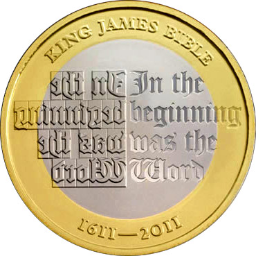 Image of 2 pounds coin - 400th anniversary of the publishing of the King James Bible  | United Kingdom 2011.  The Bimetal: CuNi, nordic gold coin is of Proof, BU, UNC quality.