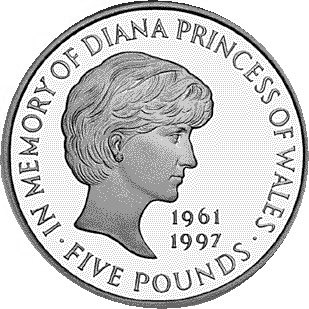 Image of 5 pounds coin - Diana, Princess of Wales Memorial Crown  | United Kingdom 1999.  The Copper–Nickel (CuNi) coin is of BU quality.