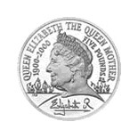 Image of 5 pounds coin - 100th Birthday of Queen Elizabeth The Queen Mother | United Kingdom 2000.  The Copper–Nickel (CuNi) coin is of BU quality.