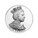 Image of 5 pounds coin - The Queen's Golden Jubilee | United Kingdom 2002.  The Copper–Nickel (CuNi) coin is of BU quality.