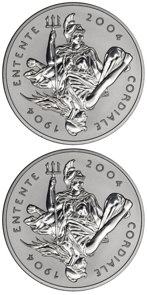 Image of 5 pounds coin - Entente Cordiale between Great Britain and France 100th Anniversary  | United Kingdom 2004.  The Copper–Nickel (CuNi) coin is of BU quality.