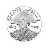 Image of 5 pounds coin - 200th anniversary of the death of Horatio Nelson  | United Kingdom 2005.  The Copper–Nickel (CuNi) coin is of BU quality.