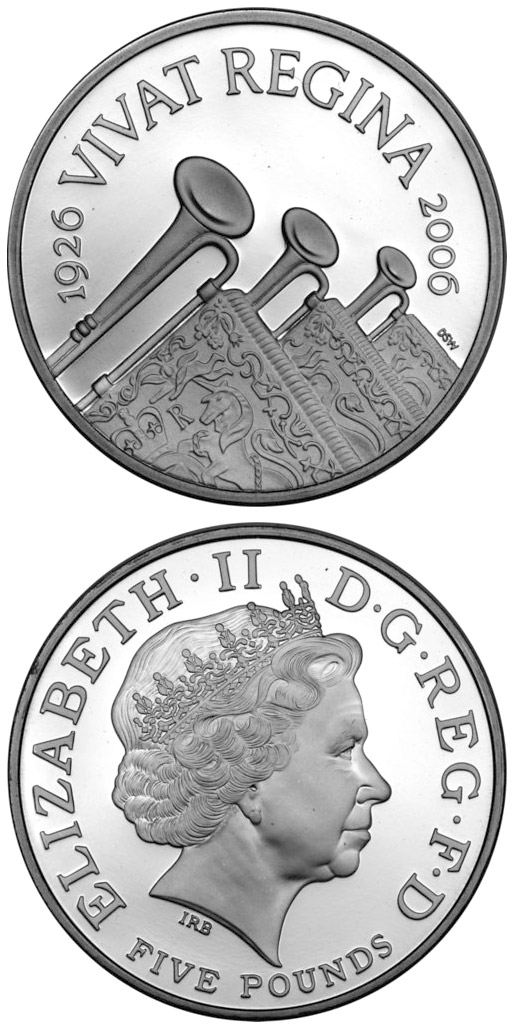 Image of 5 pounds coin - The Queen's 80th birthday | United Kingdom 2006.  The Copper–Nickel (CuNi) coin is of BU quality.