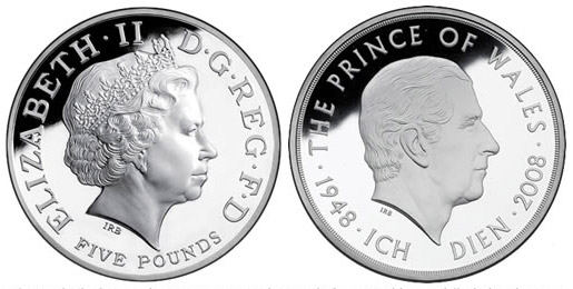 Image of 5 pounds coin - The 60th Birthday of The Prince of Wales | United Kingdom 2008.  The Copper–Nickel (CuNi) coin is of BU quality.