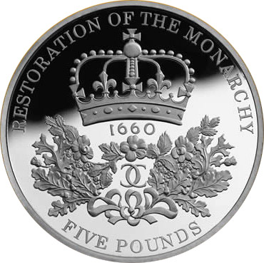 Image of 5 pounds coin - The 350th anniversary of the Restoration of the Monarchy | United Kingdom 2010.  The Copper–Nickel (CuNi) coin is of BU quality.