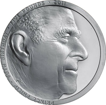 Image of 5 pounds coin - Prince Philip 90th Birthday | United Kingdom 2011.  The Copper–Nickel (CuNi) coin is of BU quality.