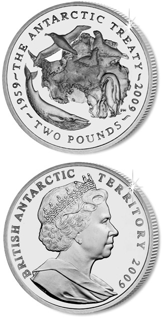Image of 2 pounds coin - 50th Anniversary of the Antarctic Treaty | United Kingdom 2009.  The Silver coin is of Proof, UNC quality.