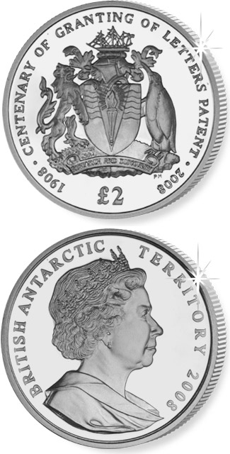 Image of 2 pounds coin - World's First Antarctic | United Kingdom 2008.  The Silver coin is of Proof, UNC quality.