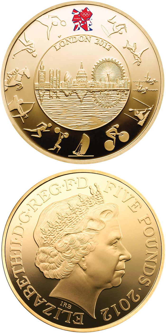 Image of 5 pounds coin - London 2012 Olympic Games  | United Kingdom 2012.  The Gold coin is of Proof quality.