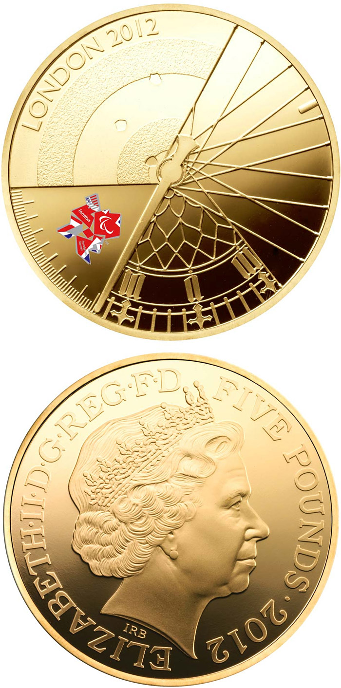 Image of 5 pounds coin - London 2012 Paralympic Games | United Kingdom 2012.  The Gold coin is of Proof quality.