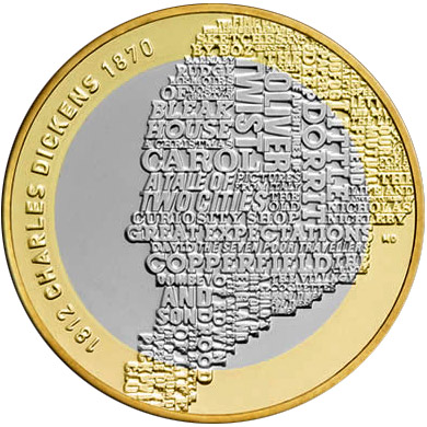 Image of 2 pounds coin - 200th anniversary of the birth of Charles Dickens | United Kingdom 2012.  The Bimetal: CuNi, nordic gold coin is of Proof, BU, UNC quality.