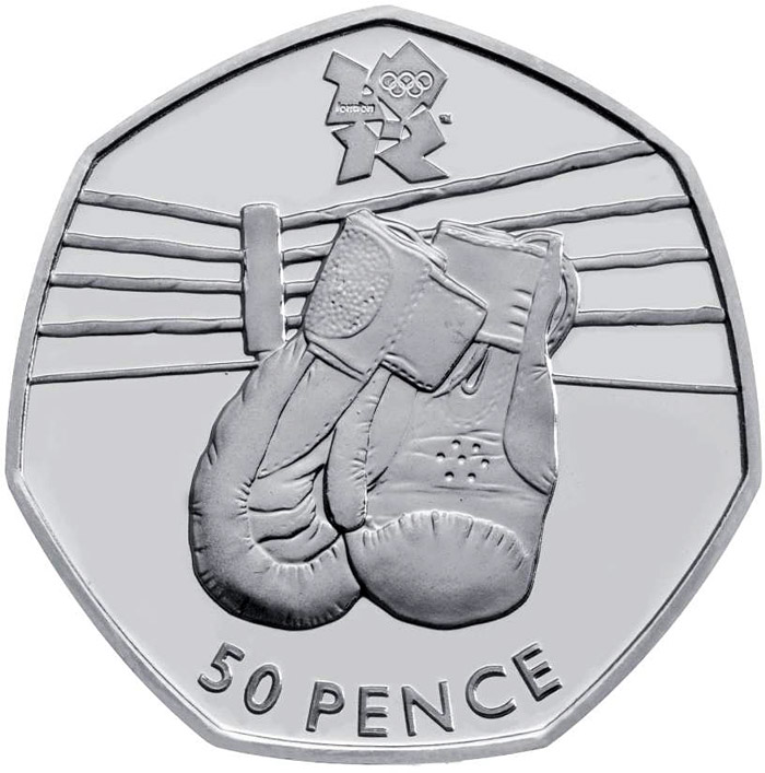 Image of 50 pence coin - Boxing | United Kingdom 2011.  The Silver coin is of BU, UNC quality.