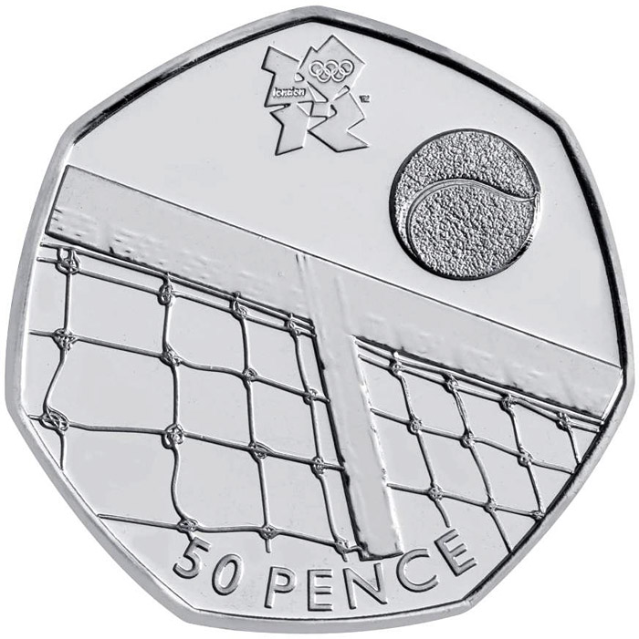 Image of 50 pence coin - Tennis | United Kingdom 2011.  The Silver coin is of BU, UNC quality.