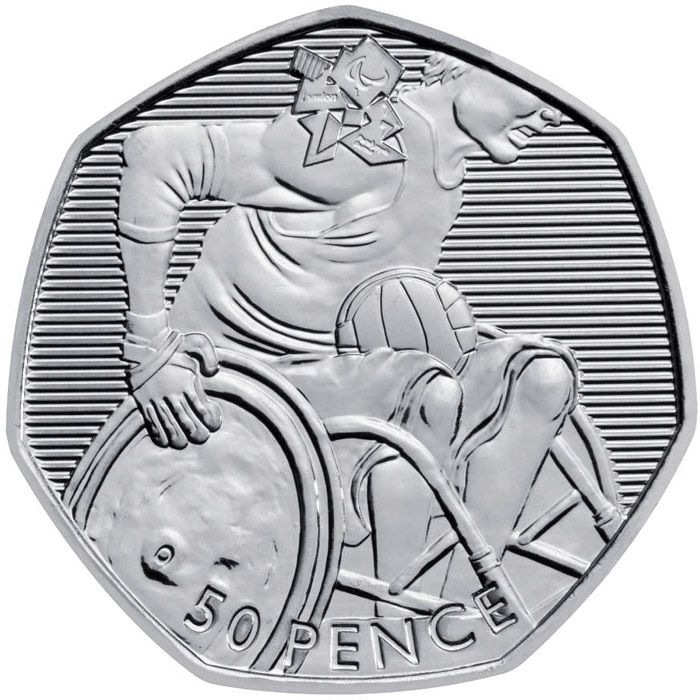 Image of 50 pence coin - Wheelchair Rugby | United Kingdom 2011.  The Silver coin is of BU, UNC quality.