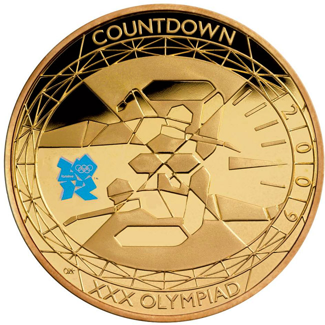 Image of 5 pounds coin - Countdown to London 2012 – 3 | United Kingdom 2009.  The Gold coin is of Proof quality.