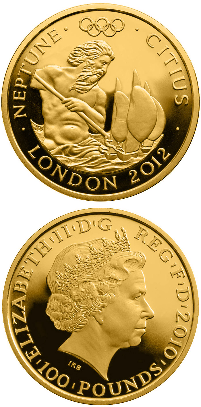 Image of 100 pounds coin - Faster - Neptune  | United Kingdom 2010.  The Gold coin is of Proof quality.