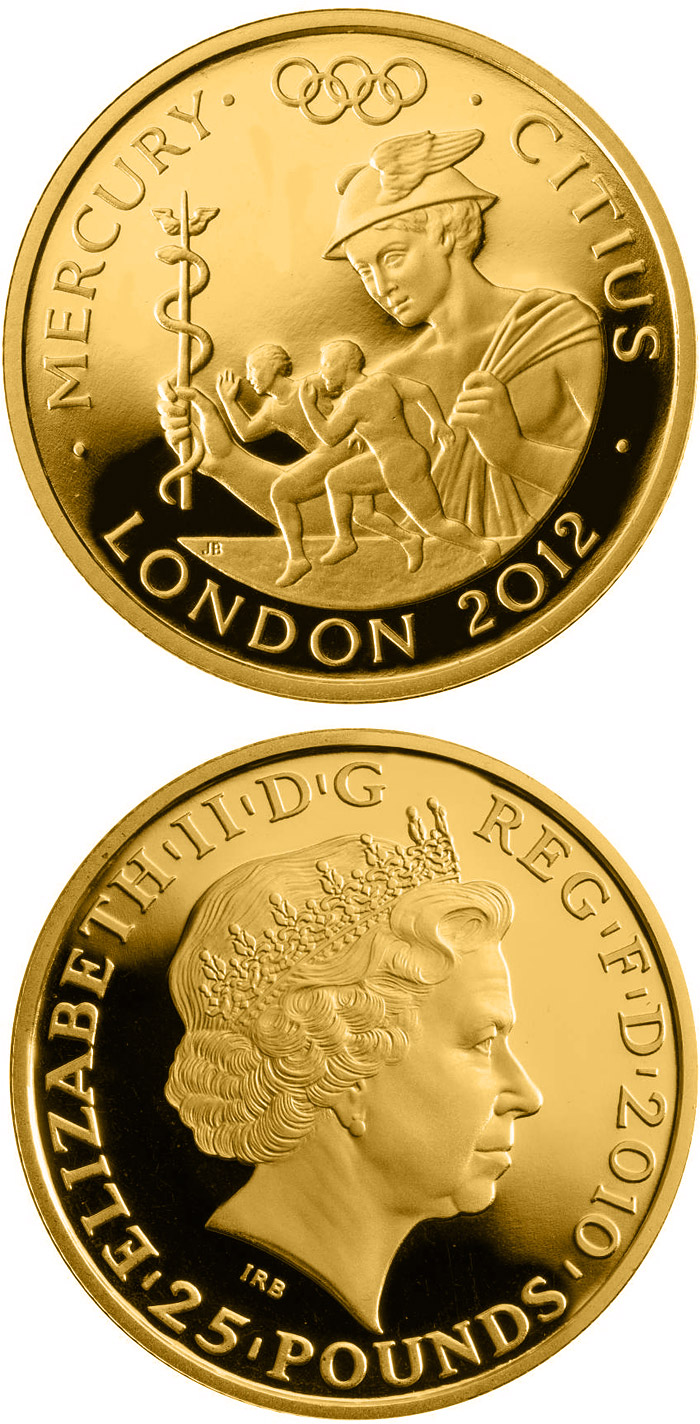 Image of 25 pounds coin - Faster - Mercury  | United Kingdom 2010.  The Gold coin is of Proof quality.