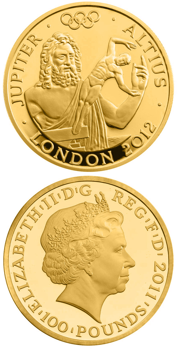 Image of 100 pounds coin - Higher - Jupiter  | United Kingdom 2011.  The Gold coin is of Proof quality.