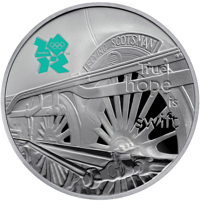 Image of 5 pounds coin - The Flying Scotsman | United Kingdom 2010.  The Silver coin is of Proof quality.