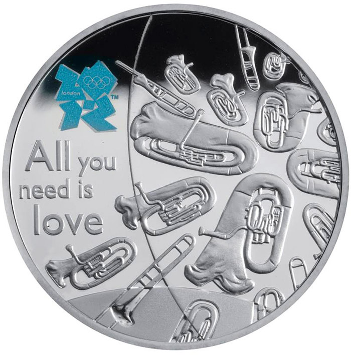 Image of 5 pounds coin - Music | United Kingdom 2010.  The Silver coin is of Proof quality.