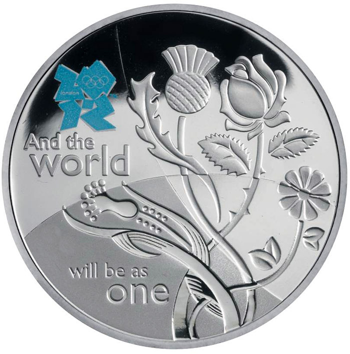 Image of 5 pounds coin - Unity | United Kingdom 2010.  The Silver coin is of Proof quality.