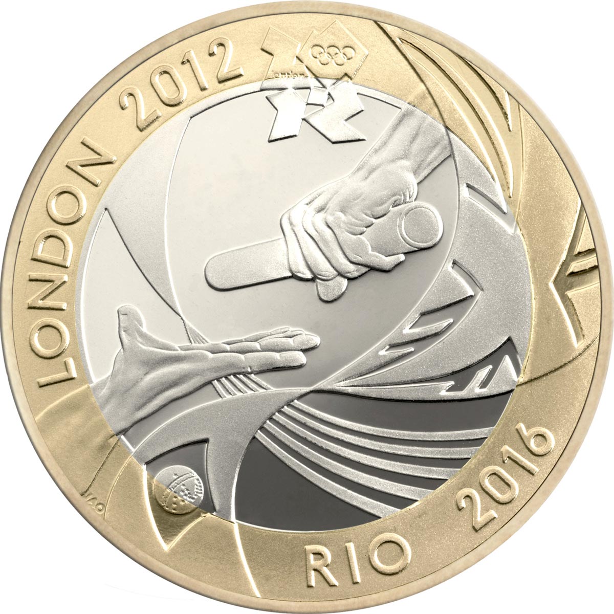 Image of 2 pounds coin - Handover to Rio | United Kingdom 2012.  The Bimetal: CuNi, nordic gold coin is of Proof, BU, UNC quality.