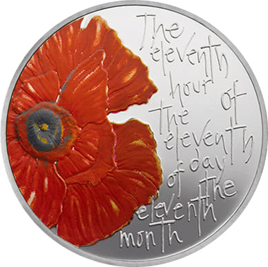 Image of 5 pounds coin - Remembrance Day 2012 | United Kingdom 2012.  The Copper–Nickel (CuNi) coin is of BU quality.