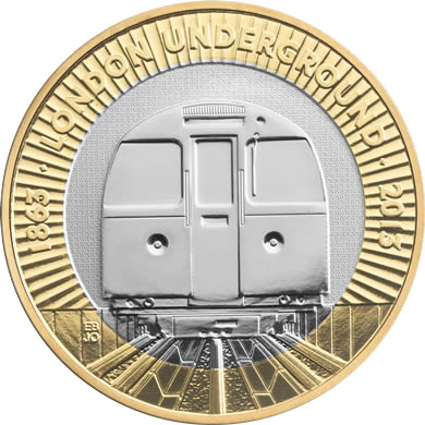 Image of 2 pounds coin - 150th Anniversary of the London Underground - The Train | United Kingdom 2013.  The Bimetal: CuNi, nordic gold coin is of Proof, BU, UNC quality.