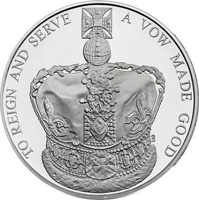 Image of 5 pounds coin - 60th Anniversary of the Queen's Coronation | United Kingdom 2013.  The Copper–Nickel (CuNi) coin is of BU quality.