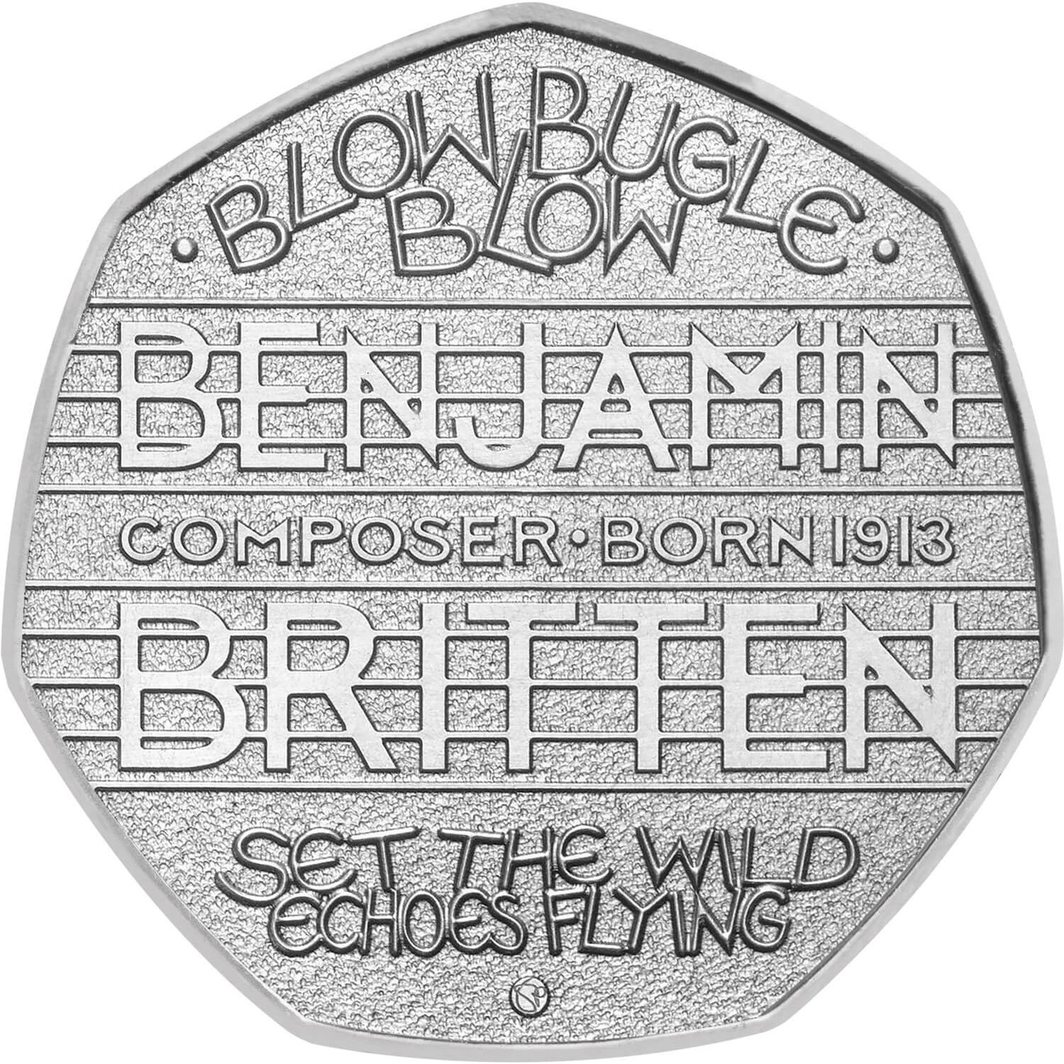 Image of 50 pence coin - The 100th Anniversary of the Birth of Benjamin Britten | United Kingdom 2013.  The Copper–Nickel (CuNi) coin is of UNC quality.