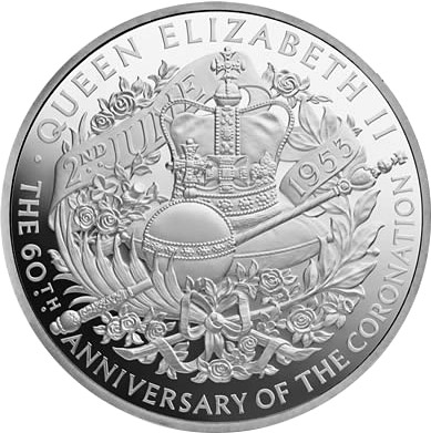 Image of 10 pounds coin - 60th Anniversary of Coronation | United Kingdom 2013.  The Silver coin is of Proof quality.